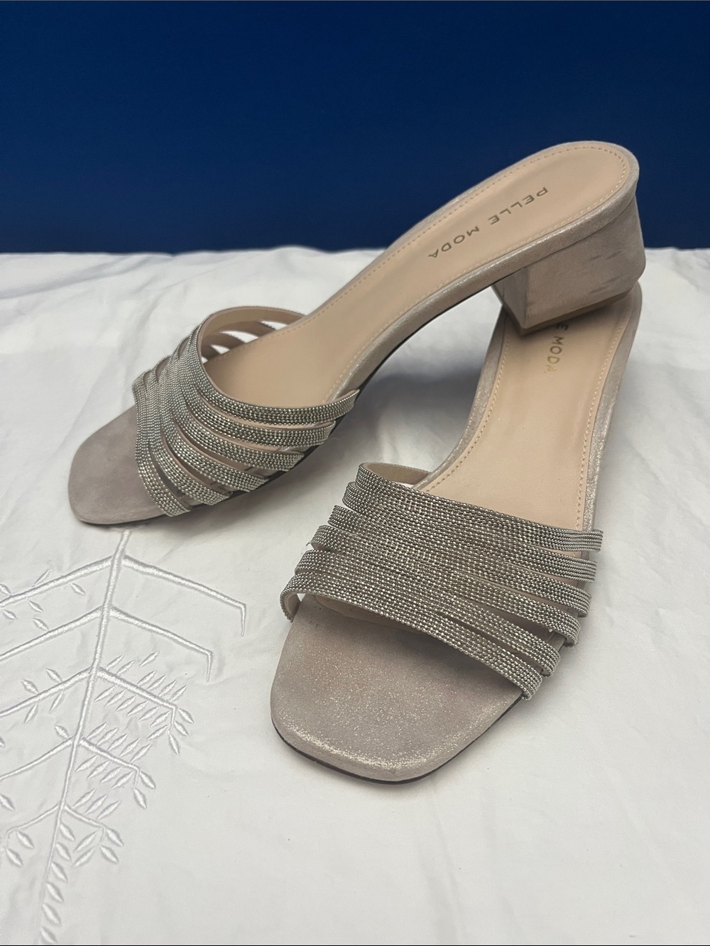 Pelle Moda Taupe Slip-On Block Heel Mules with silver  Straps sz 8.5
